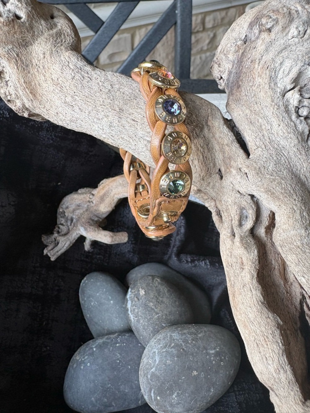 Henri Bendel Braided Tan Leather Bracelet with Multicolor Crystal Accents